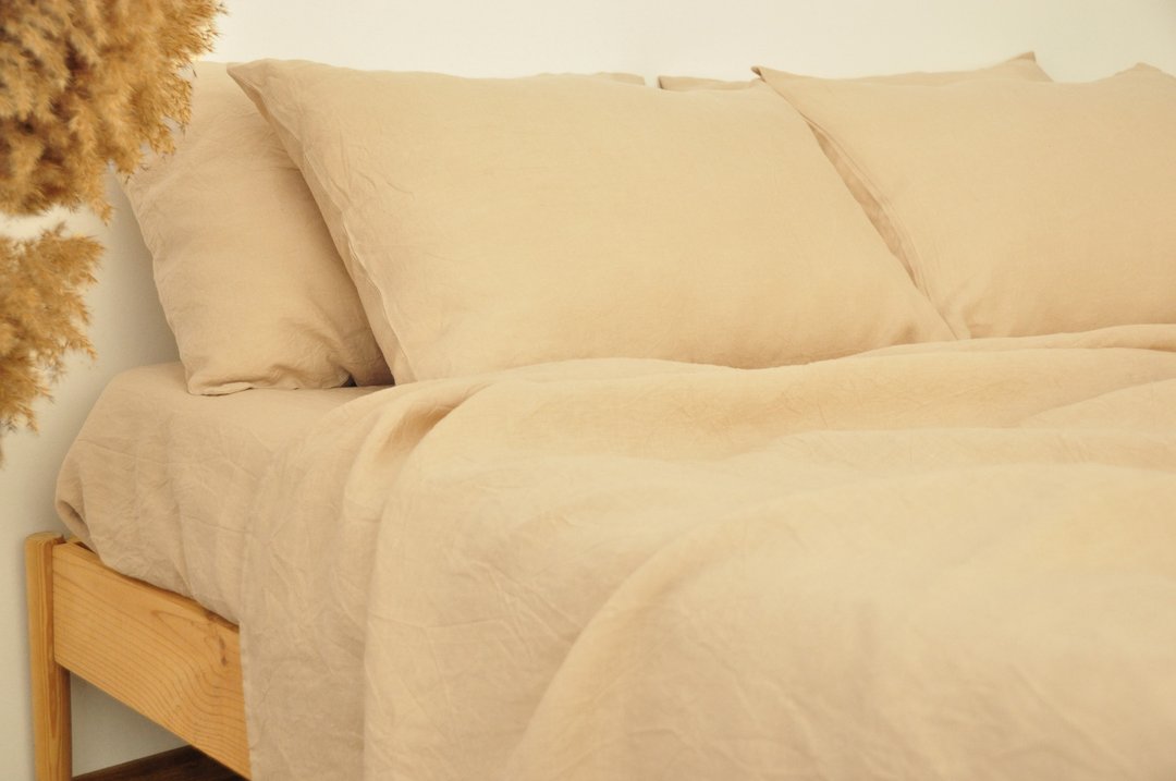 Caramel linen sheet set / Flat+fitted sheet+2 pillowcases / Beige bedding - 寝具 - 亚麻 卡其色