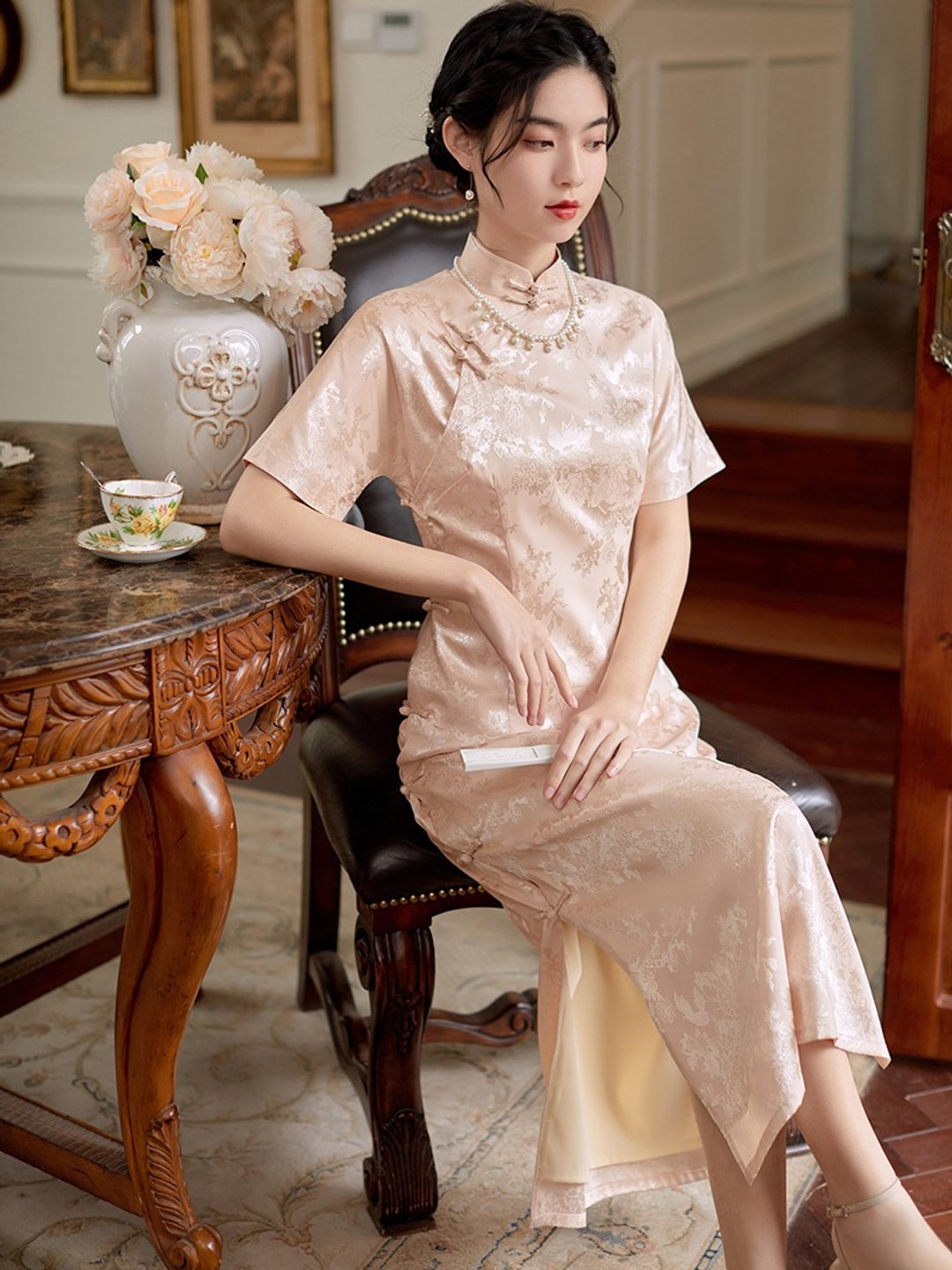 香檳色 月下 仿真絲提花綢開襟緞面旗袍 復古改良新中式國風洋裝 - 旗袍 - 聚酯纤维 卡其色