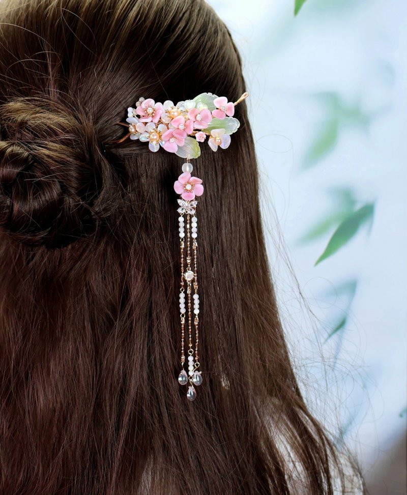 柠檬手作发饰  捷克琉璃双色花发簪 (三色/流苏四款可选/可拆下) - 发饰 - 琉璃 粉红色