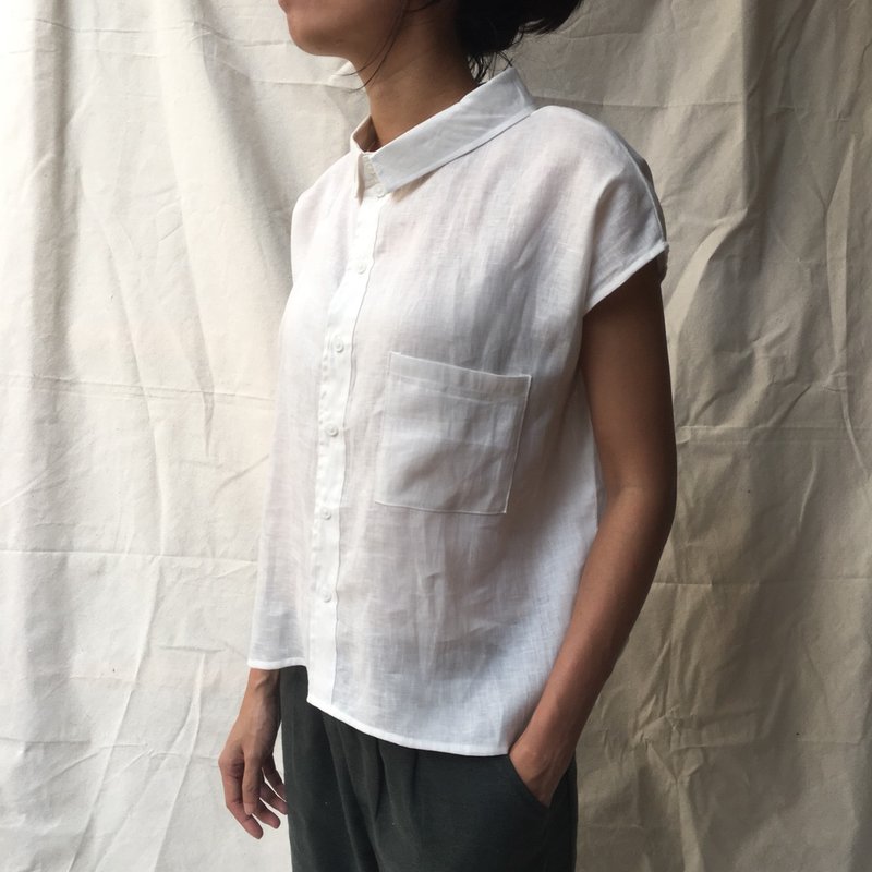White Linen Shirt - Cap Sleeves with Pocket - 女装衬衫 - 亚麻 白色