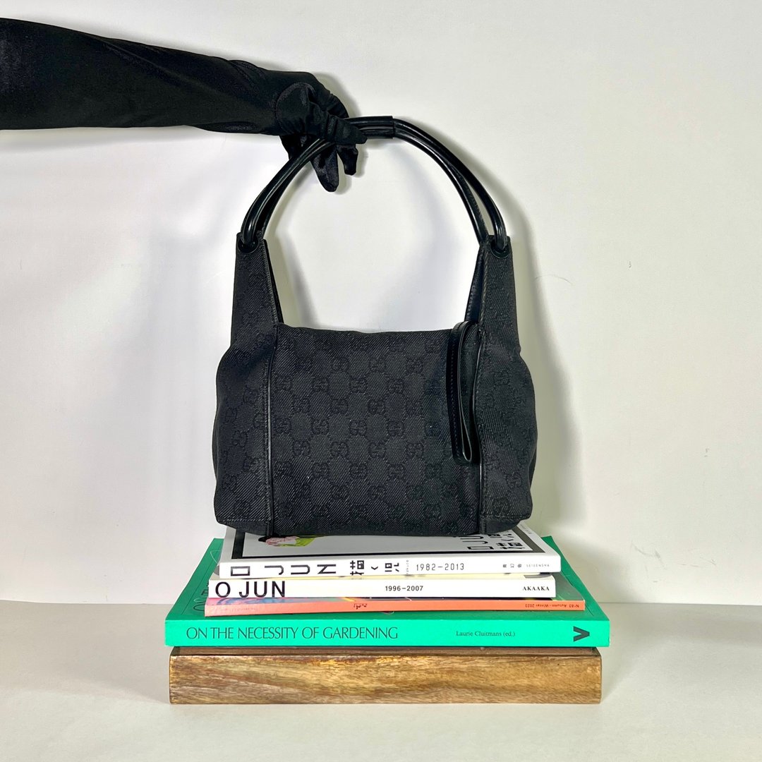Gucci 黑色老花牛仔布侧肩孭饺子包手提袋 日出中古二手vintage - 侧背包/斜挎包 - 其他材质 黑色