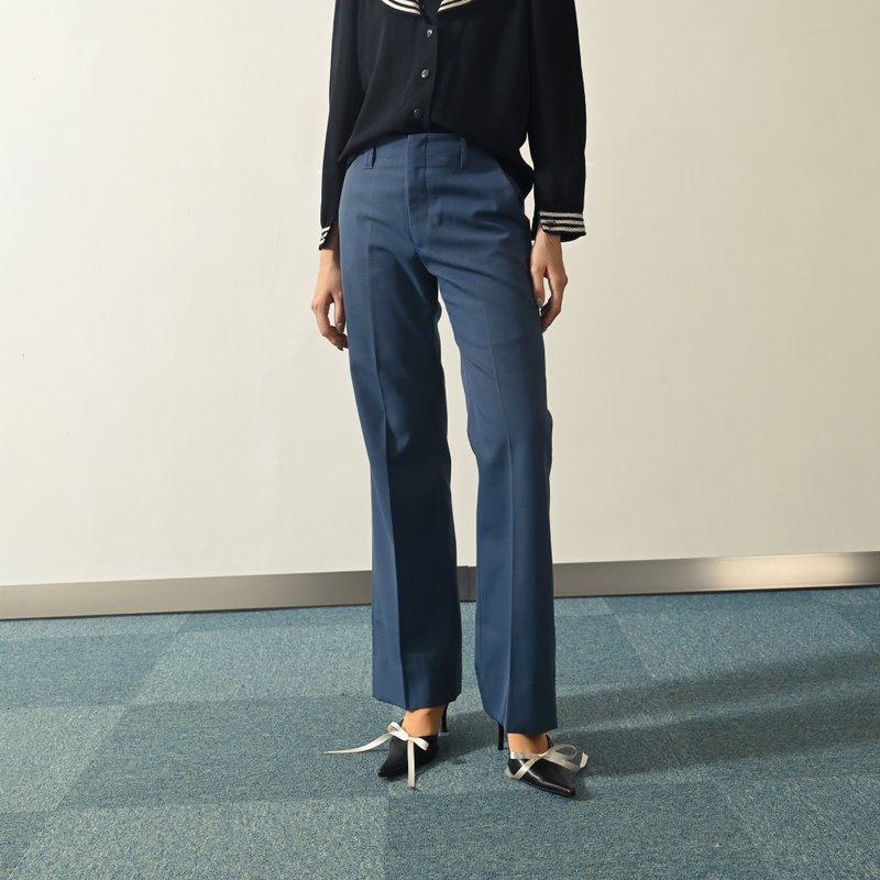 【NaSuBi Vintage】俐落版型纯色薄毛古着裤 - 女装长裤 - 羊毛 蓝色