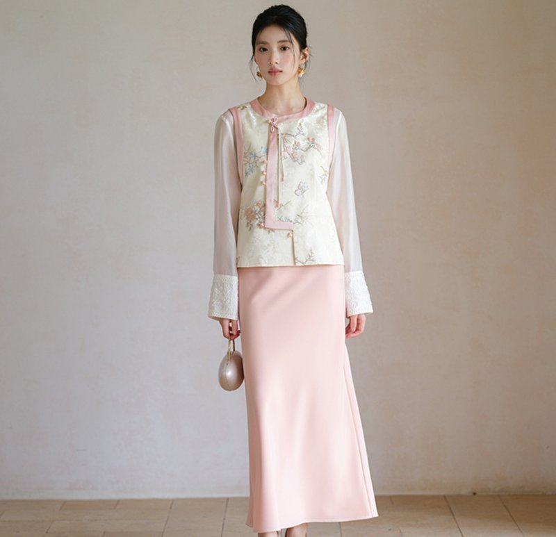 【提花刺绣】新中式复古中国风 叠穿背心/半裙 - 女装背心 - 其他材质 粉红色