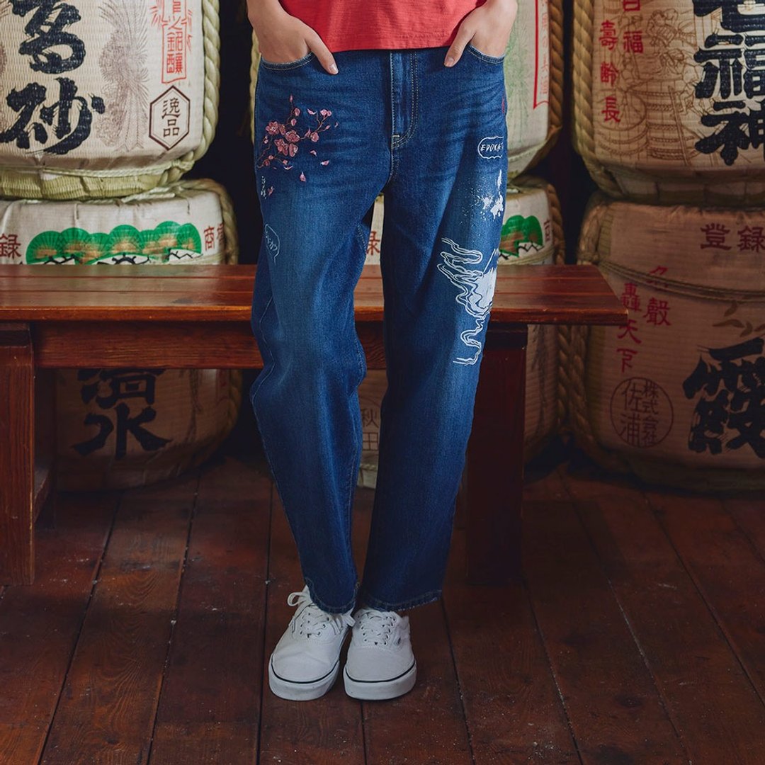 江户胜 日系 女款 樱花富士锥形牛仔长裤 (中古蓝) #裤子#牛仔裤 - 女装长裤 - 棉．麻 蓝色