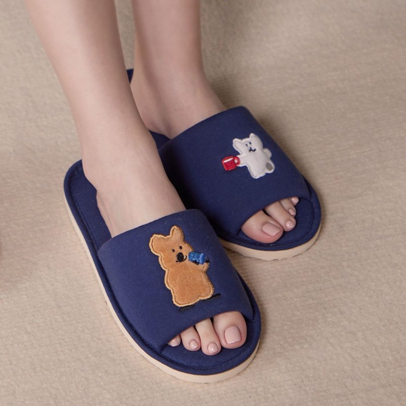 DINOTAENG | 咖啡开口室内拖鞋-星海蓝(M / L) - 室内拖鞋 - 棉．麻 蓝色