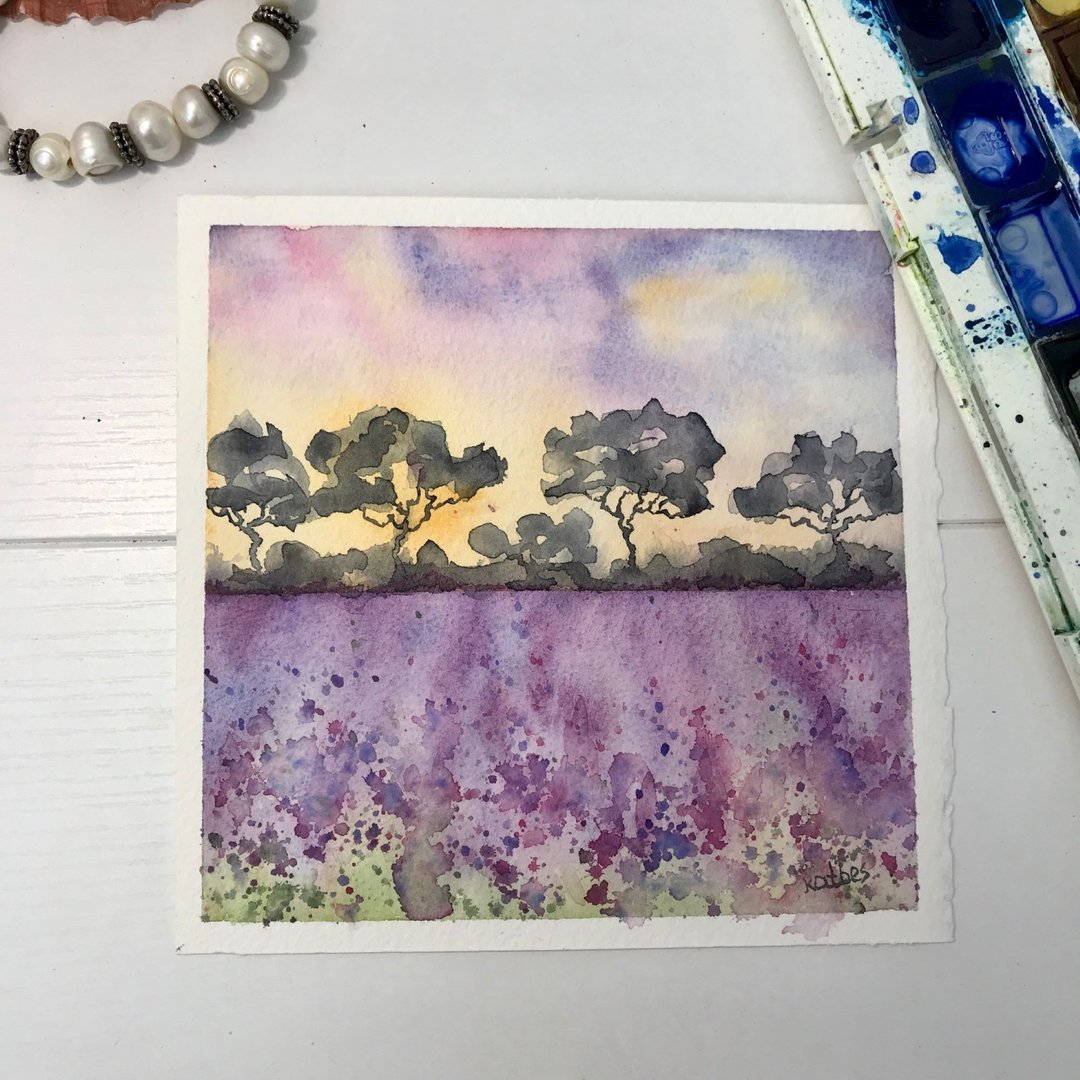 Lavender Tuscany Watercolor painting original wall art Provence 15 by 15 cm - 墙贴/壁贴 - 纸 紫色