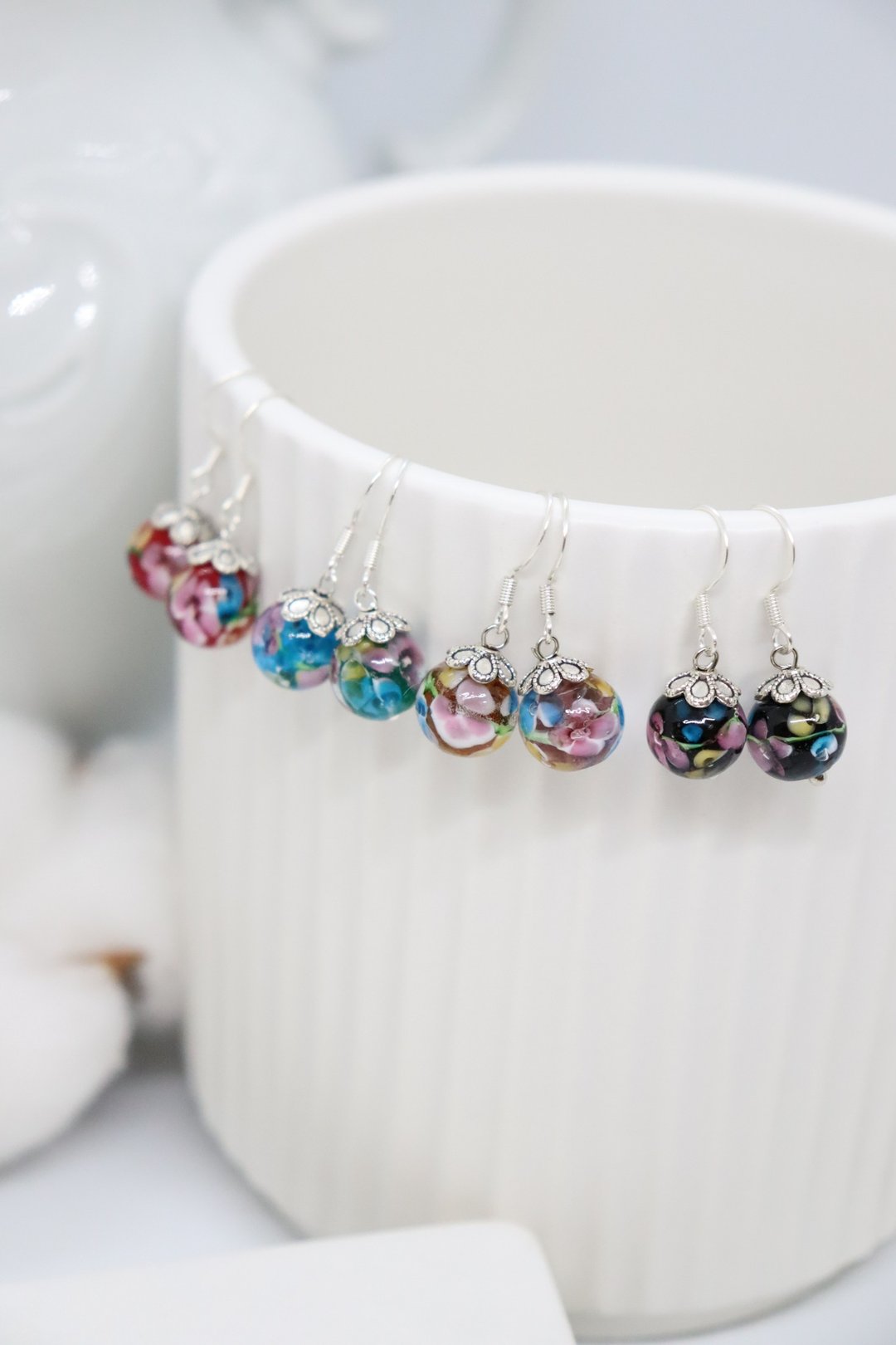 Colourful Lampwork Glass Beads Little Dangle 925 Silver Hook Earrings - 耳环/耳夹 - 玻璃 