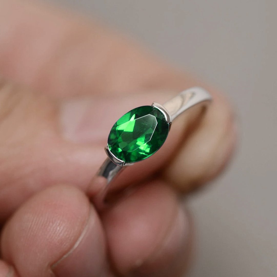 银镶天然绿托帕石戒指 9 x 7 mm 礼物戒指或纪念日戒指 - 戒指 - 纯银 绿色