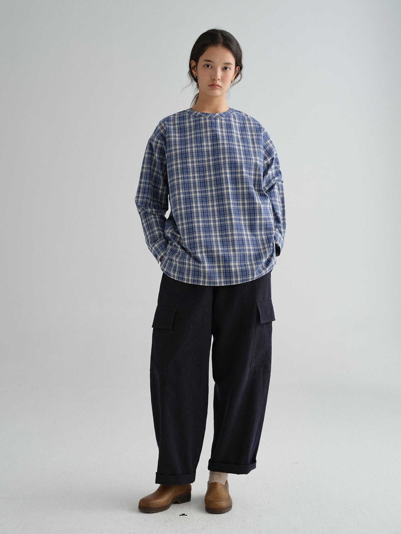 高密全棉色织蓝白格圆领套头衬衫 - 女装上衣 - 棉．麻 黑色