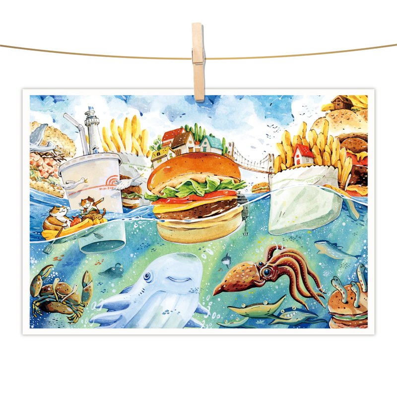 afu水彩插画明信片 - 美食飨宴/速食岛屿国 - 卡片/明信片 - 纸 蓝色