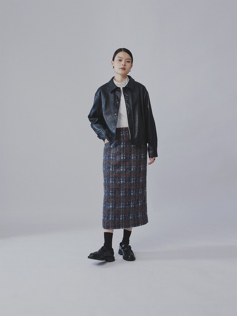 粗花呢格子半身裙 - 裙子 - 羊毛 灰色