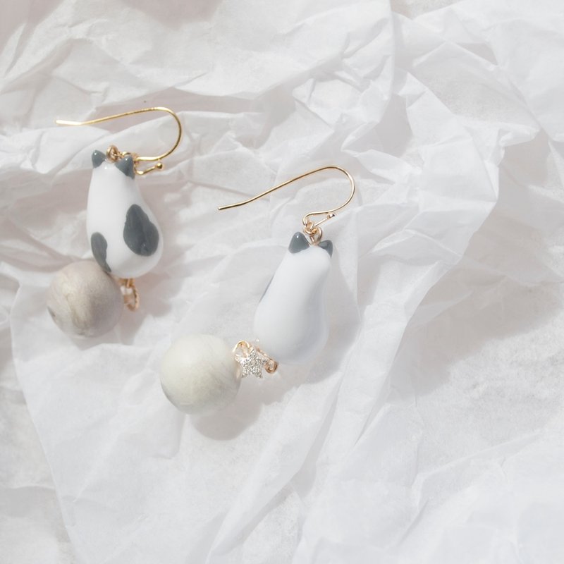 teatime  灰白斑纹猫咪的温暖午茶   耳环耳夹 - 耳环/耳夹 - 粘土 