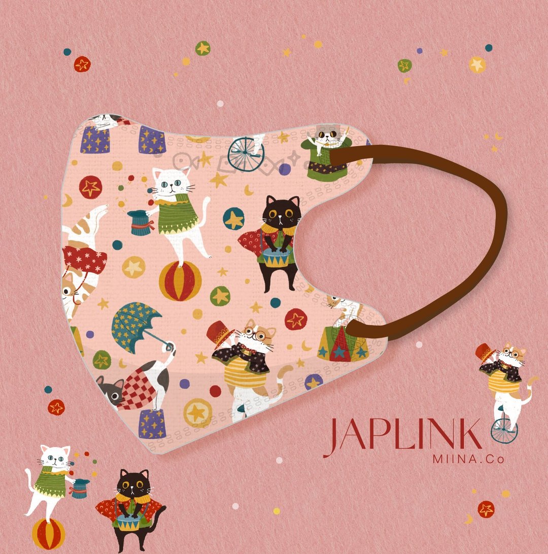 【 0-3岁】JAPLINK 幼幼医疗口罩-小喵戏团 - 口罩 - 聚酯纤维 粉红色
