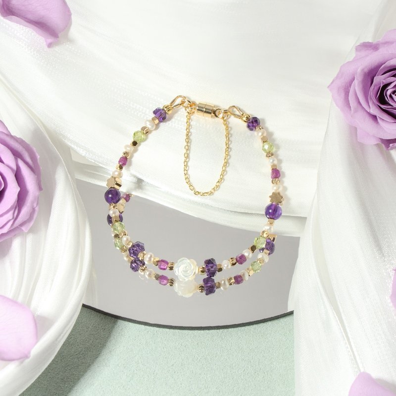 紫色玫瑰花 - 紫水晶 红宝石 橄榄石 白蝶贝 天然石手链 - 手链/手环 - 水晶 多色