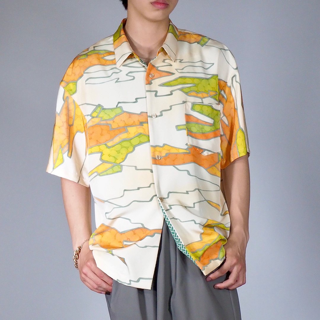 【日本制造】复古丝绸和服翻拍、男士衬衫 L、半袖衬衫 - 男装衬衫 - 丝．绢 白色