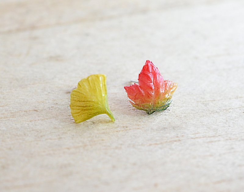枫叶银杏 纯银耳环/耳夹 - 耳环/耳夹 - 粘土 红色