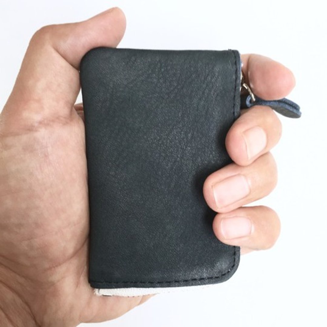 Minimal coin case of cow shrink leather and cow floor velor [navy] - 零钱包 - 真皮 