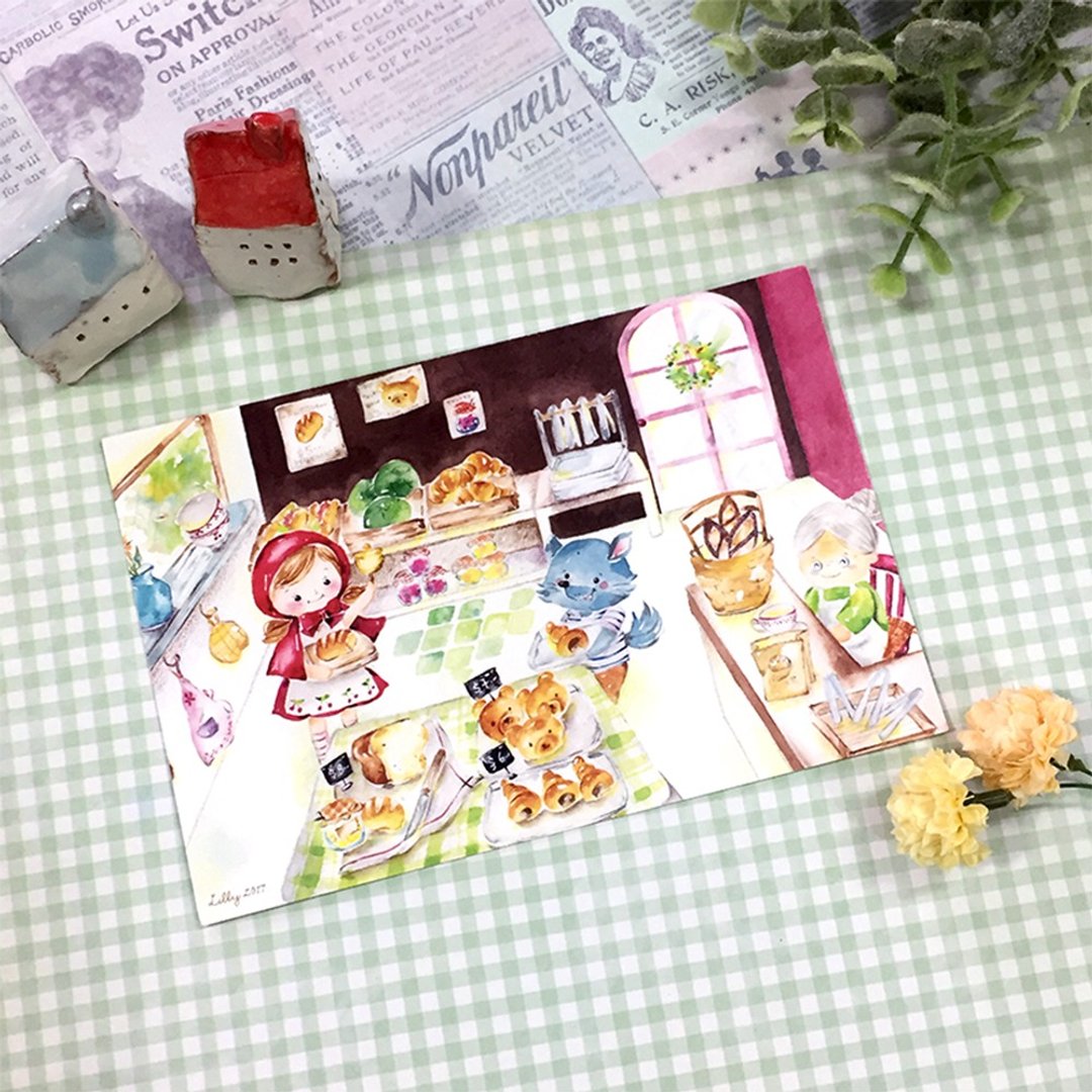 水彩明信片/心意卡【小红帽的面包店】 - 卡片/明信片 - 纸 红色