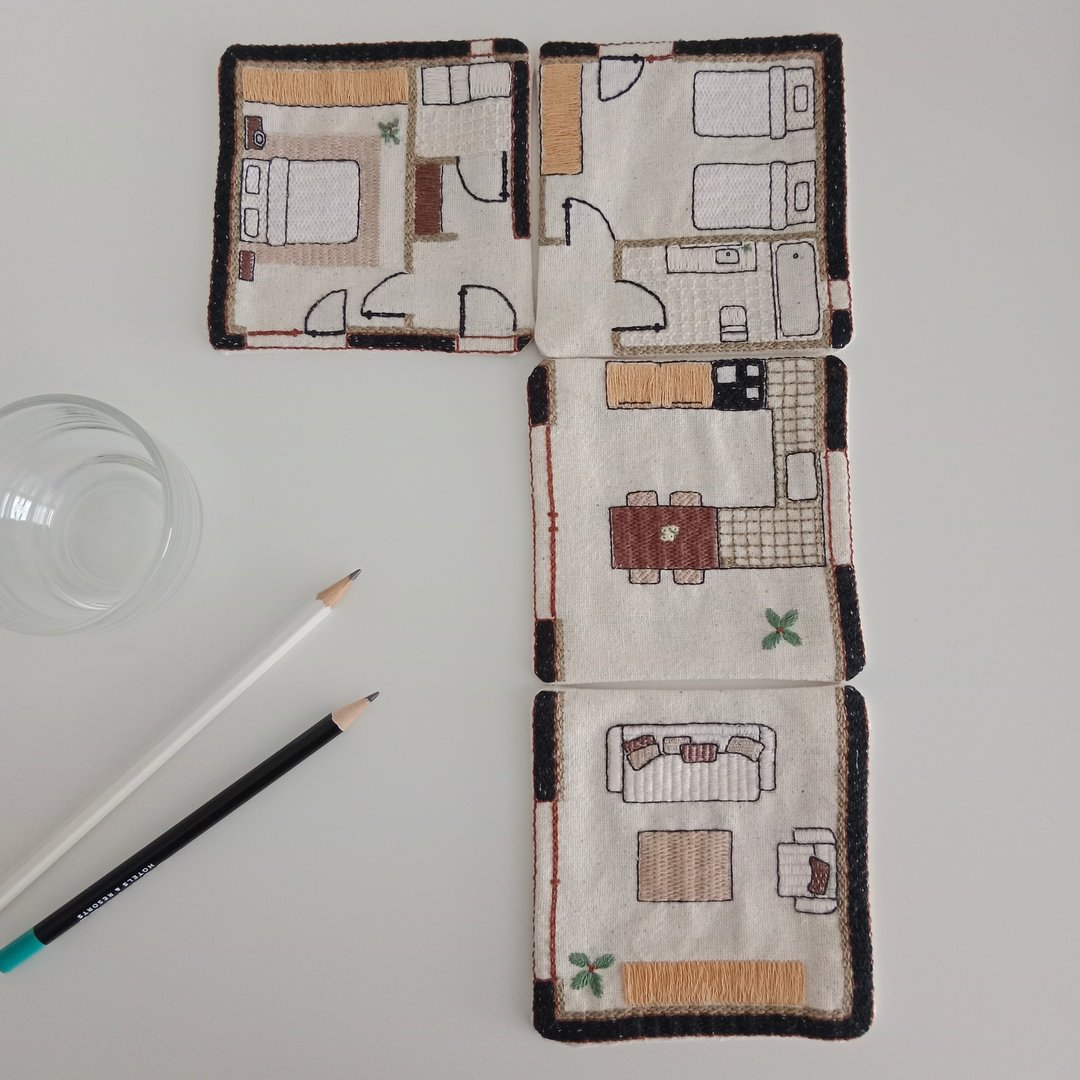 House plan coaster set4 PCS hand embroidered cotton fabric - 杯垫 - 棉 白色