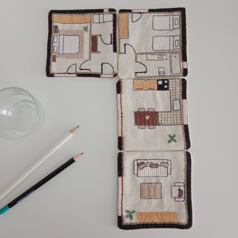 House plan coaster set4 PCS hand embroidered cotton fabric - 杯垫 - 棉．麻 白色
