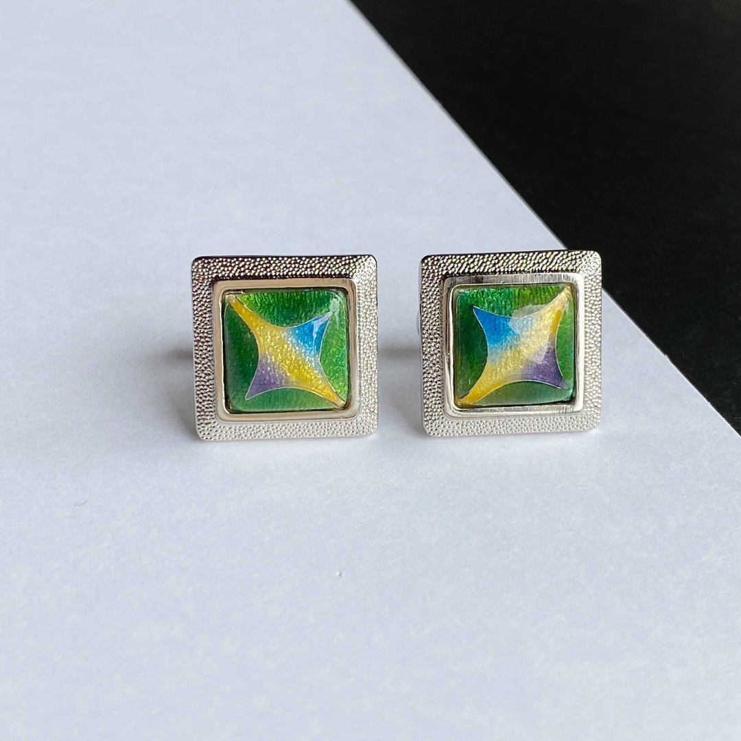 Star [Green Green] Cloisonne Cufflinks Cufflinks Pure Silver Wired Cloisonne - 袖扣 - 其他材质 绿色