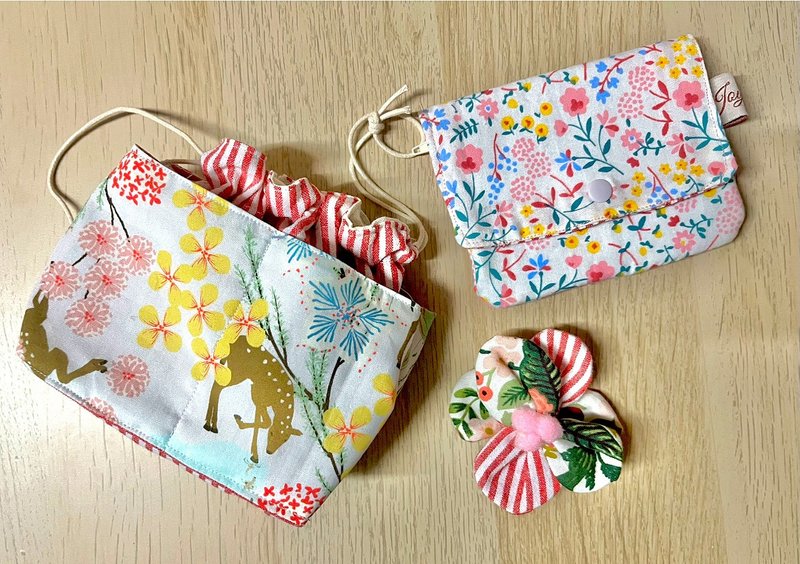 梅花鹿束绳袋、花、钱包 - 束口袋双肩包 - 棉．麻 红色