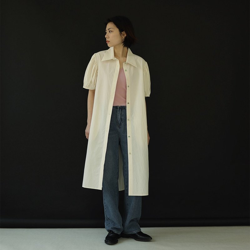 手风琴袖长衬衫裙 中长款纯色单排扣 - 女装衬衫 - 棉．麻 白色