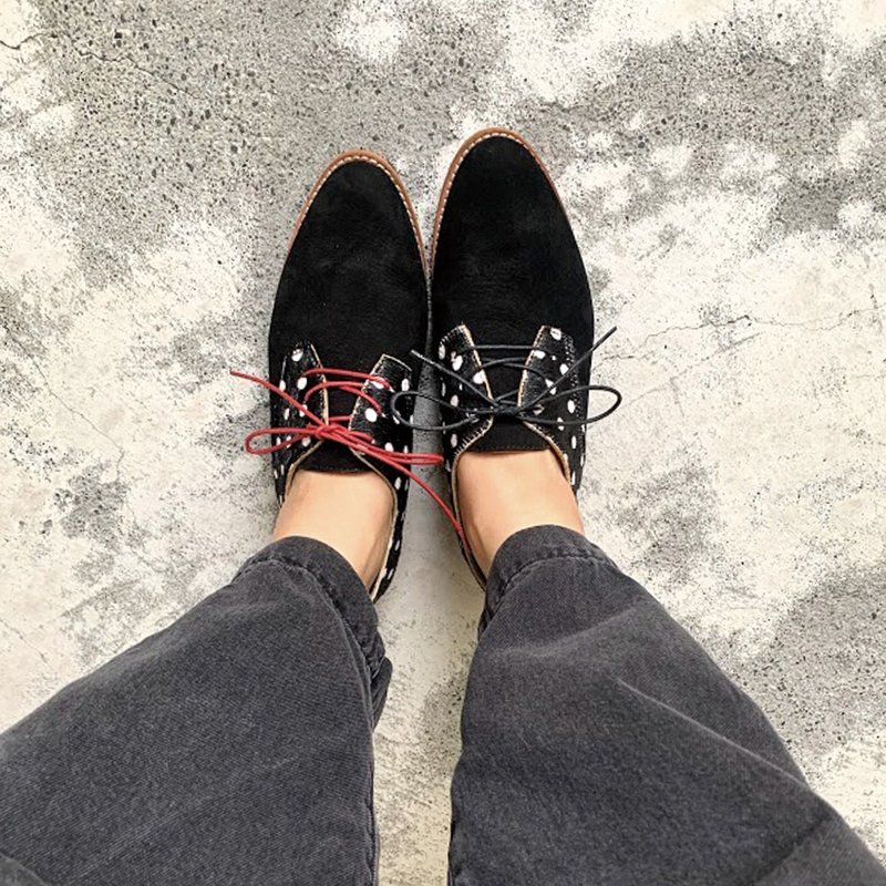 【手工订制】改版款_脚型更修长经典德比鞋_黑圆点 - 女款牛津鞋/乐福鞋 - 真皮 黑色