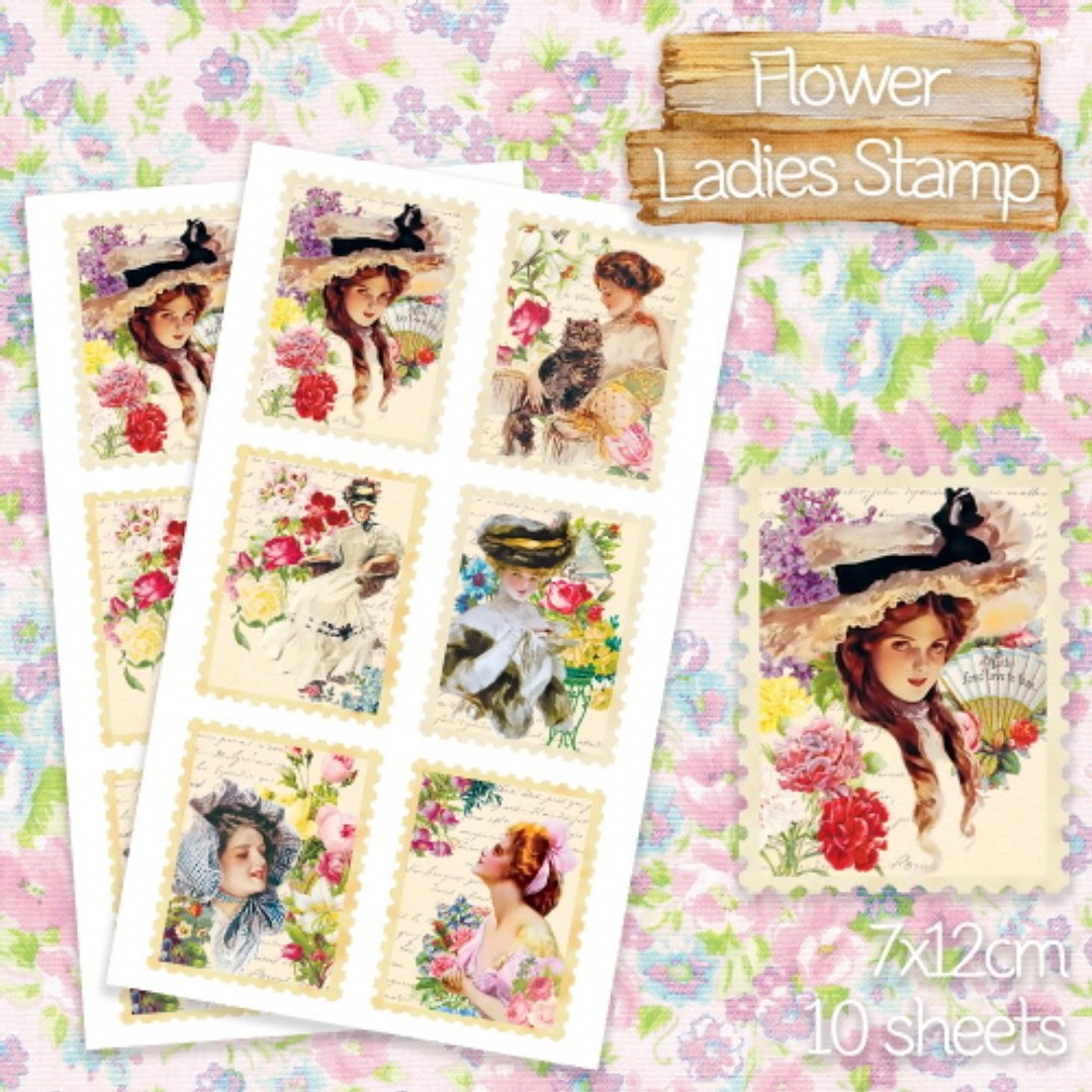 Flower Lady Stamp Sticker (honne market) - 贴纸 - 纸 多色