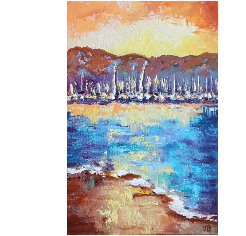海景日落原创油画帆船艺术品画布板 30x20 厘米 - 海报/装饰画/版画 - 其他材质 多色