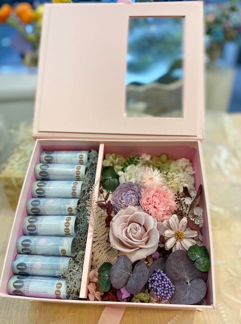 母亲节永生花礼盒  有钱花 金沙巧克力 永生玫瑰  情人节 生日礼 - 干燥花/捧花 - 植物．花 粉红色