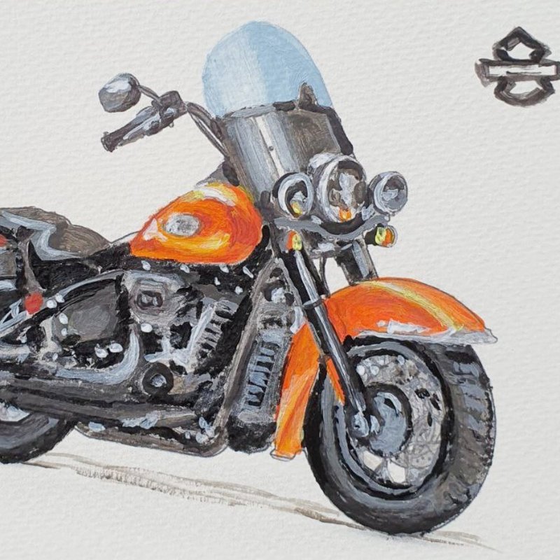雷戴维森明信片原创艺术摩托车 2023 年遗产经典绘画 - 海报/装饰画/版画 - 其他材质 橘色