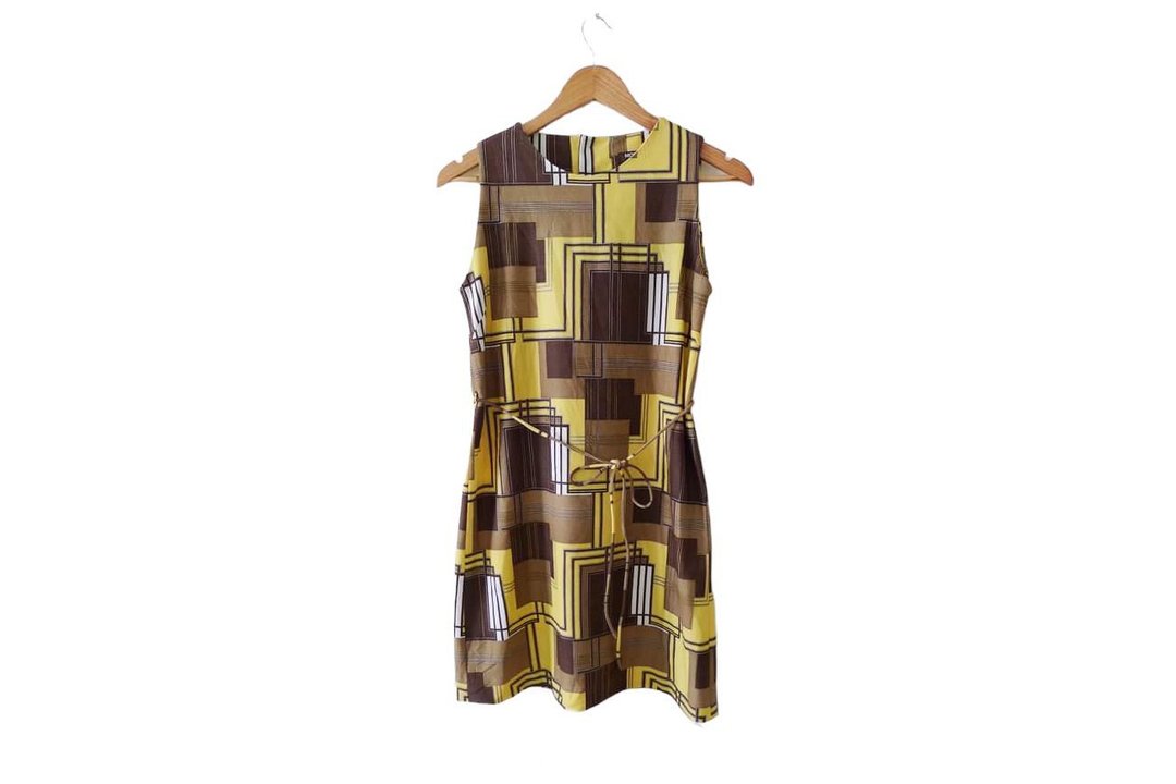 70s Twiggy Yellow and brown Retro Graphic pattern sleveless mini tie waist dress - 洋装/连衣裙 - 聚酯纤维 黄色