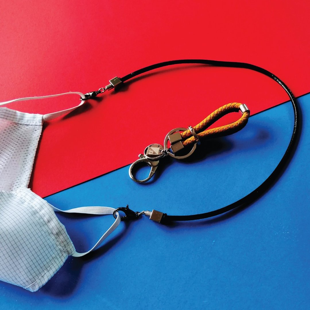 Style Set (B) || Mask strap in 黑色 + Keychain 深蓝色,黄色 - 挂绳/吊绳 - 真皮 橘色