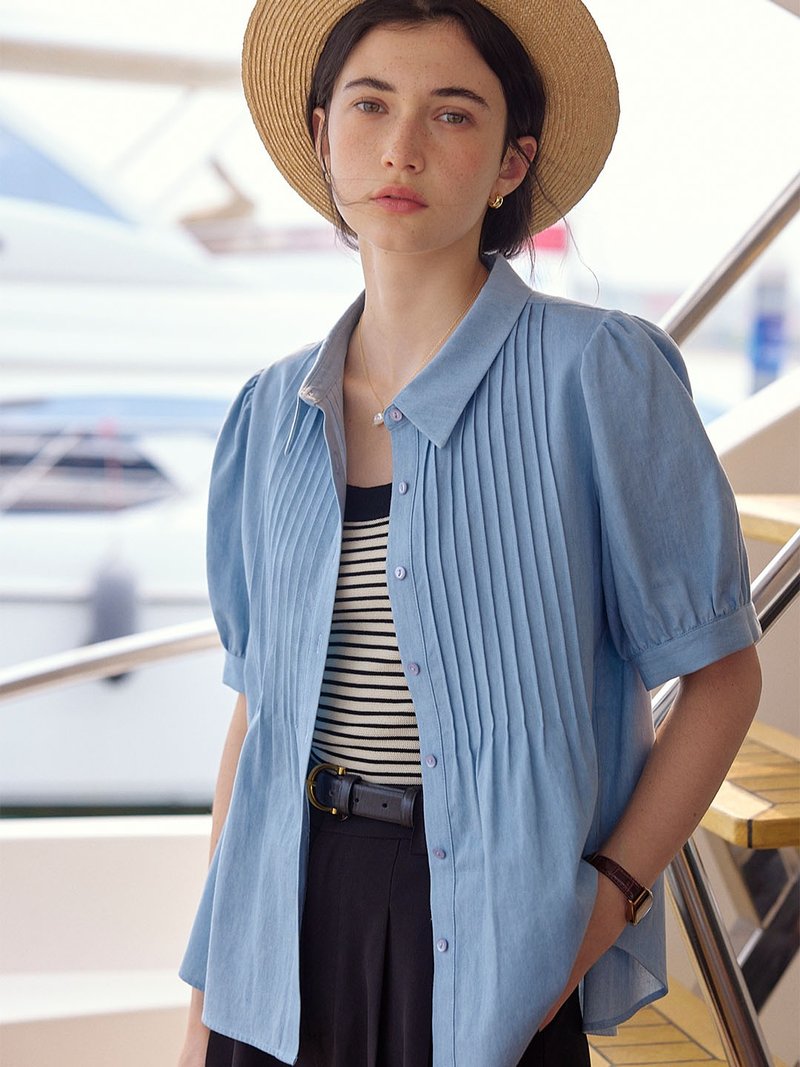 Ashlyn 全棉海军风蓝色短袖衬衫 - 女装衬衫 - 棉．麻 蓝色