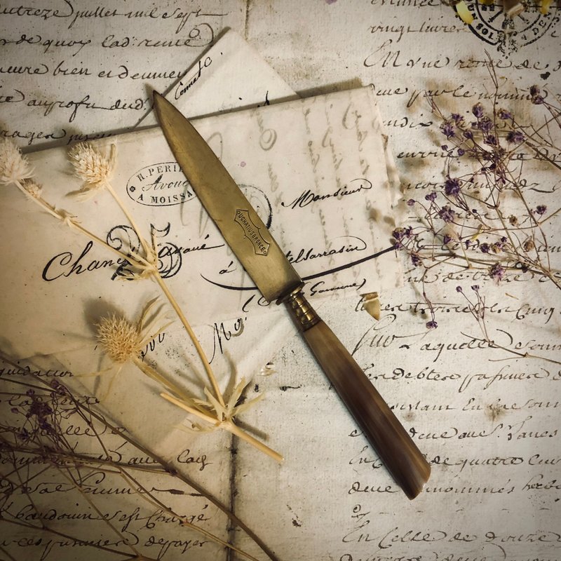 德国-天然动物角柄-青铜拆信刀 - 剪刀/拆信刀 - 铜/黄铜 卡其色