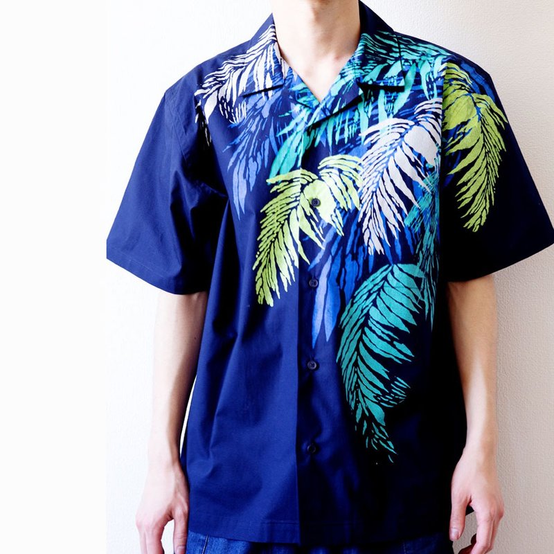Palm leaf paint short-sleeved shirt in cool colors - 中性连帽卫衣/T 恤 - 棉．麻 多色