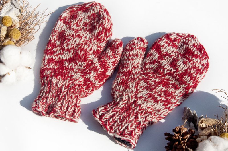 手织纯羊毛针织手套 手工棒针钩织手套 内刷毛手套 保暖手套-红白 - 手套 - 羊毛 红色