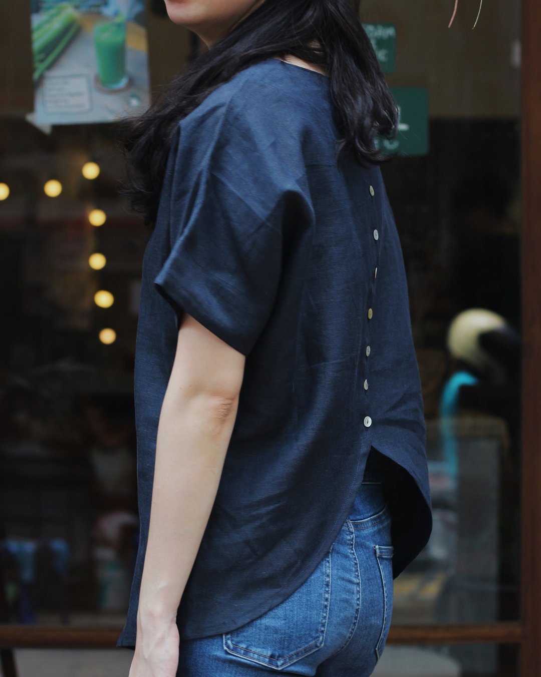 Mokk : dark grey linen back buttons top - 女装上衣 - 棉 黑色