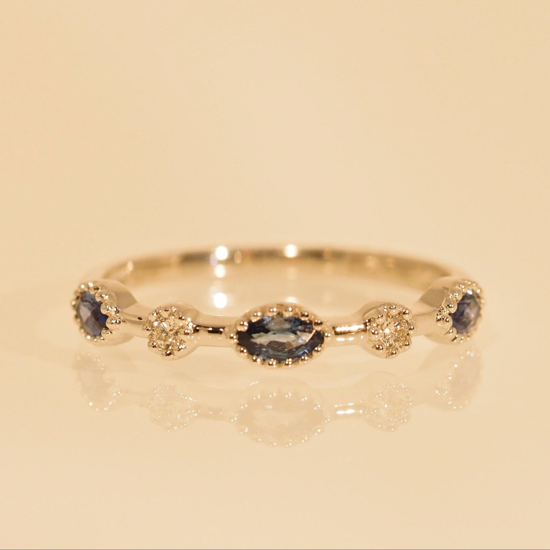18K金蓝宝石榄尖形钻石小米戒指 18K Gold Blue Sapphire Marquis - 戒指 - 贵金属 