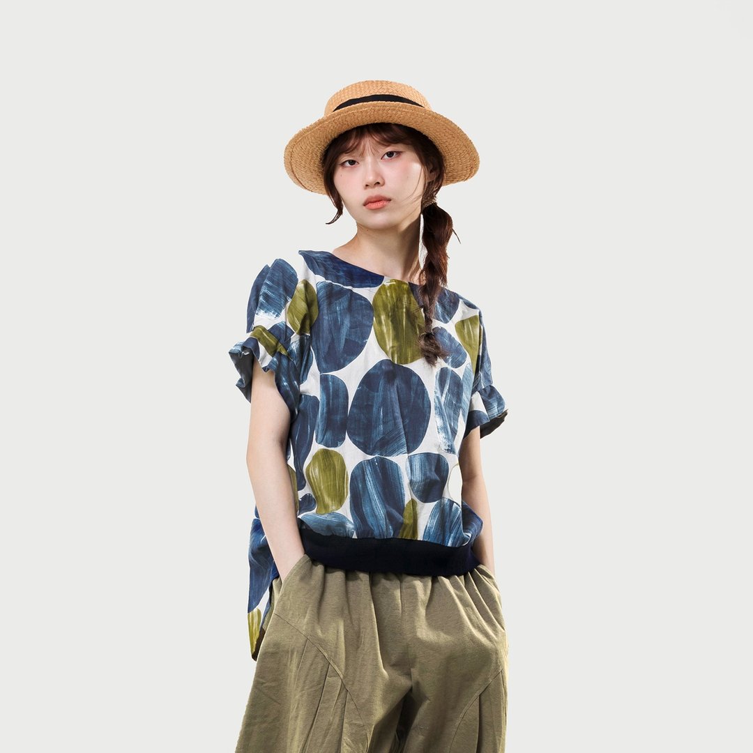 岩块撞色印花罗纹摆连袖上衣 - 女装上衣 - 棉 多色