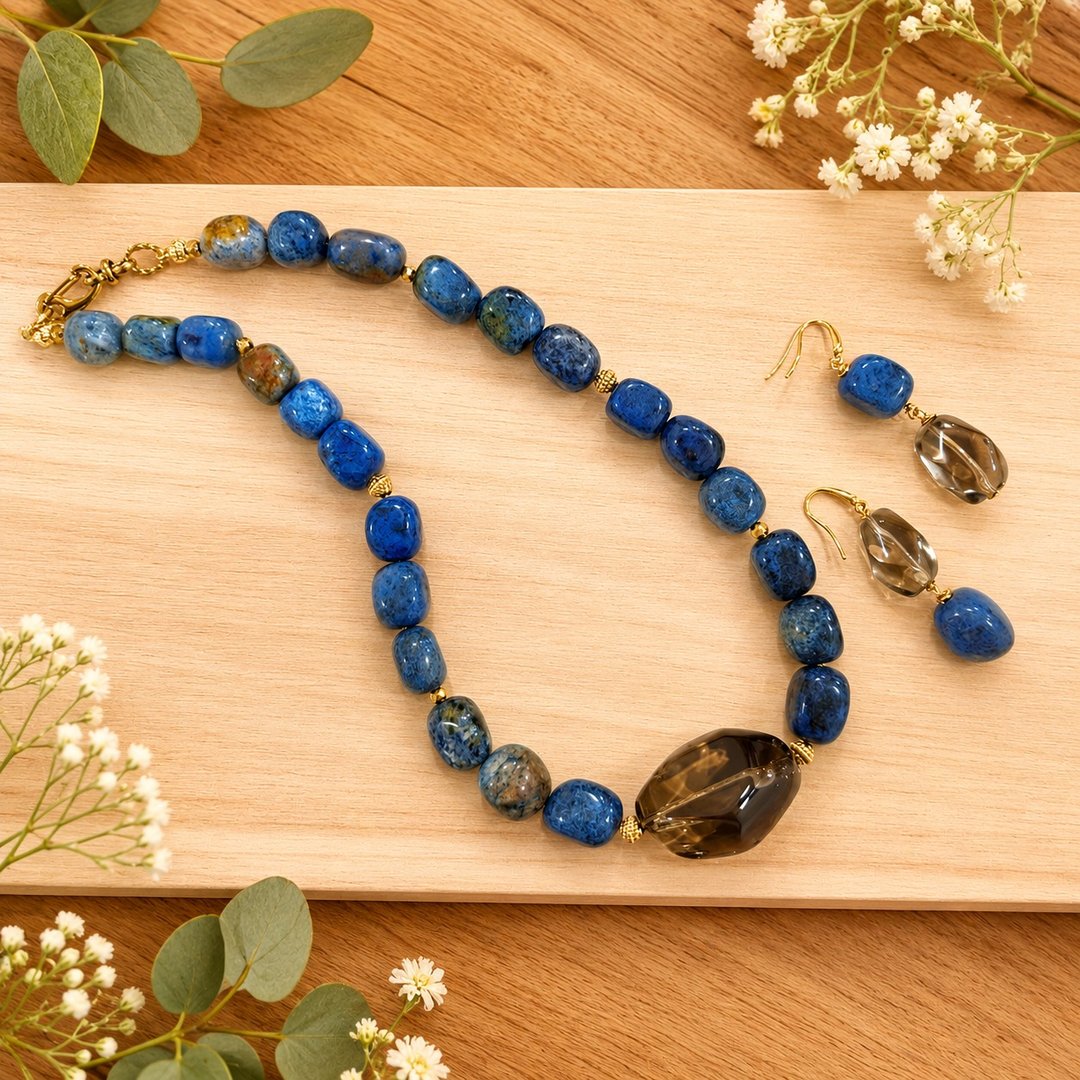 静蓝茶光 天然非洲蓝石茶晶项链耳环套组 手作天然石饰品 - 项链 - 宝石 蓝色