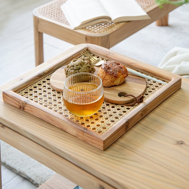 Tomood/ 土与木之间 手工实木方型藤编浅盘 收纳托盘 - 托盘/砧板 - 木头 橘色