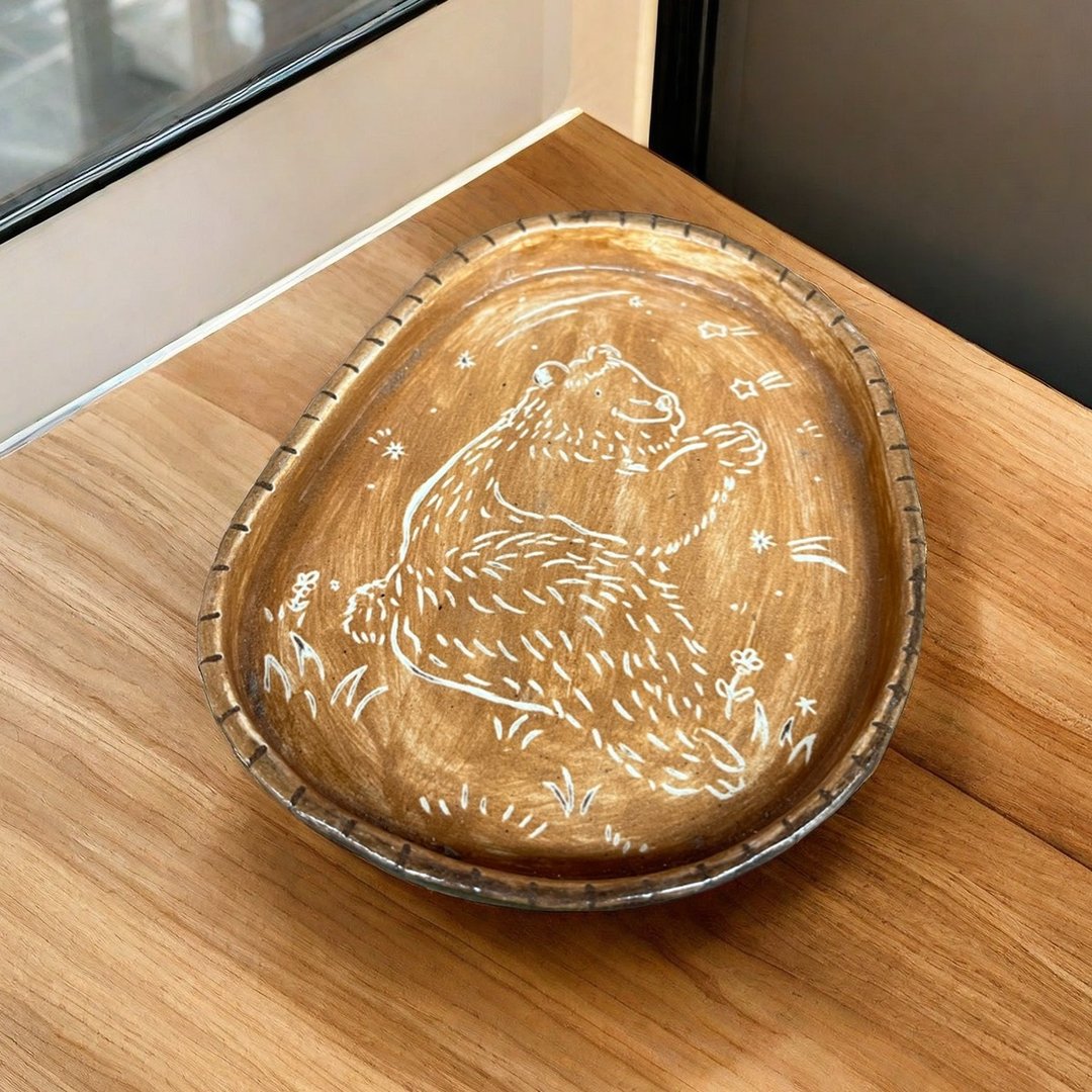 A Lu 小熊陶盘/摆饰/礼物/陶画 原创手作手绘 仅此一件 - 摆饰 - 陶 多色
