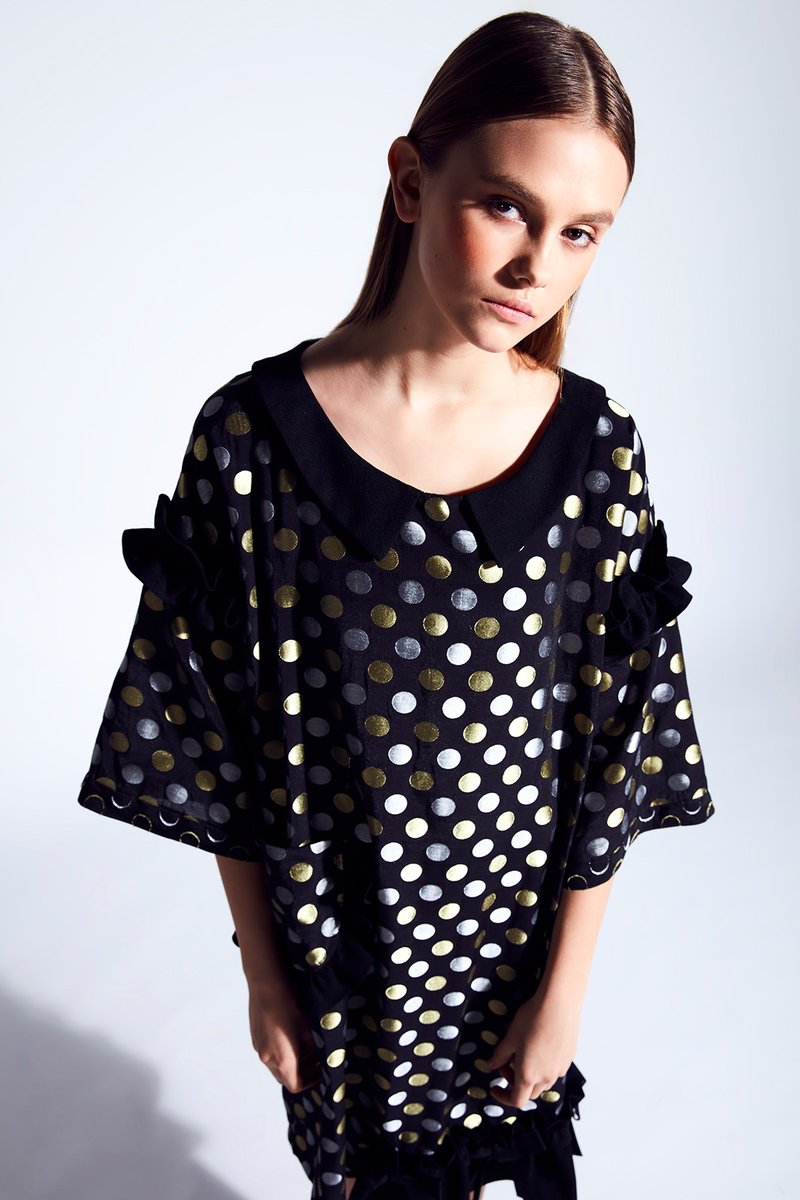 moi non plus 爱黛儿点点蝴蝶结洋装 - 洋装/连衣裙 - 聚酯纤维 黑色