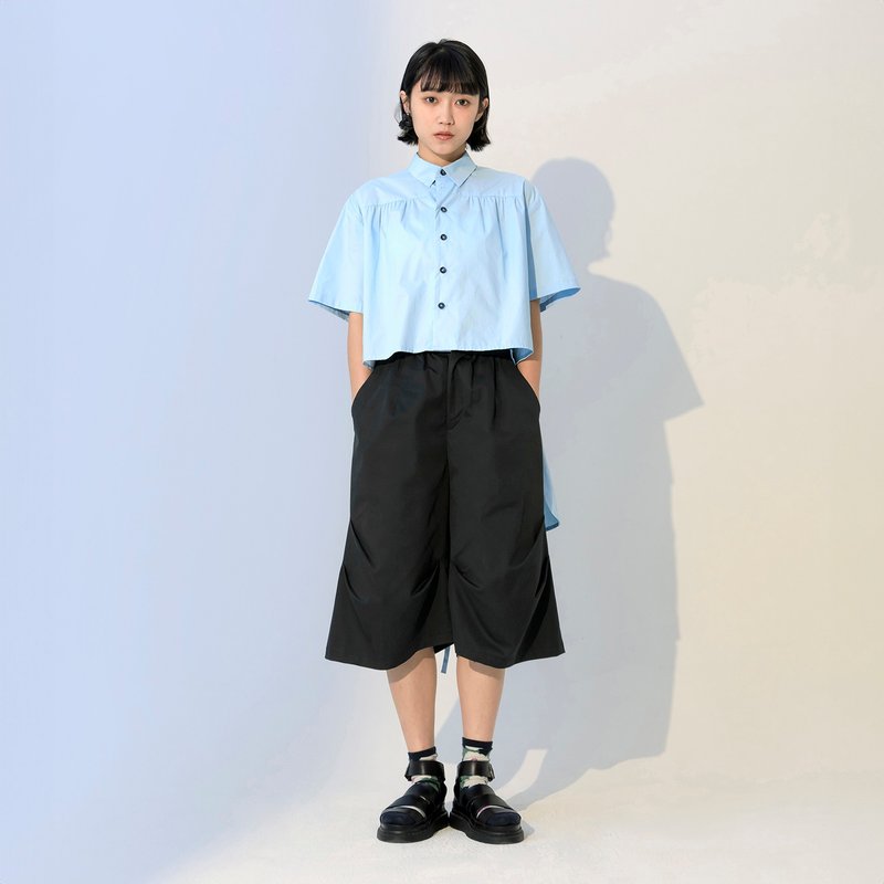 前短后长绑带衬衫 - 女装衬衫 - 棉．麻 蓝色