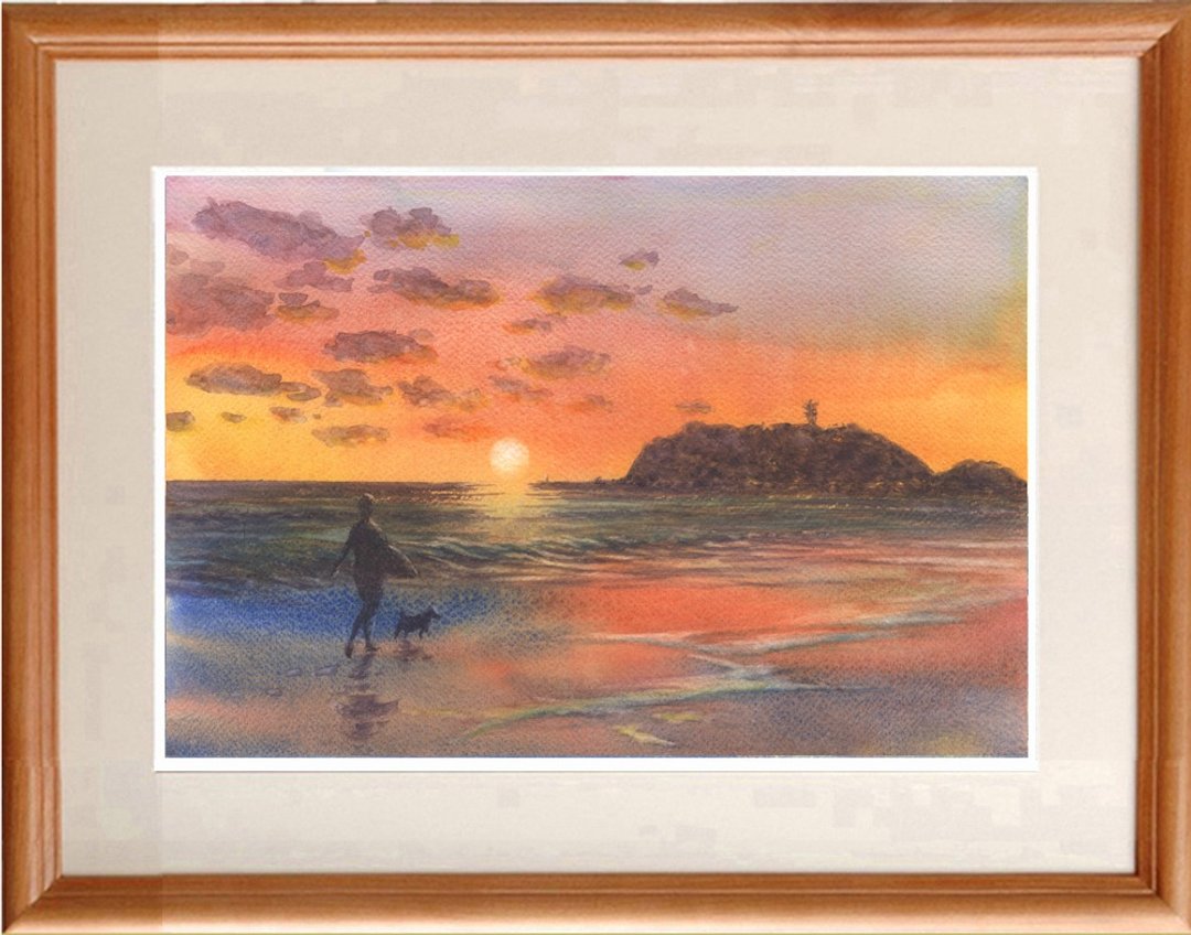 Watercolor painting original beach at sunset - 海报/装饰画/版画 - 纸 红色