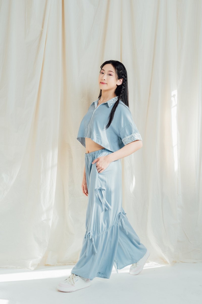 浪漫蝴蝶结宽裤 - 女装长裤 - 其他人造纤维 蓝色