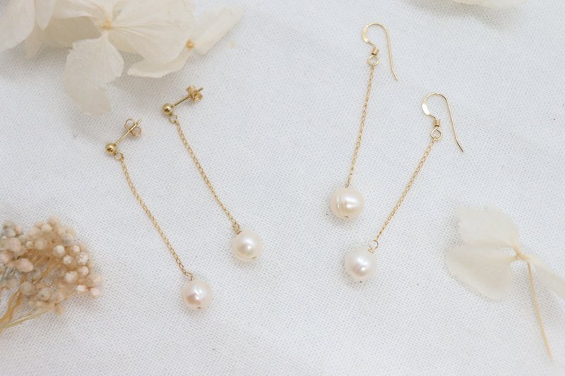 (14KGF) 手工 8 毫米淡水珍珠垂坠耳环 迷人垂坠耳环 - 耳环/耳夹 - 珍珠 金色