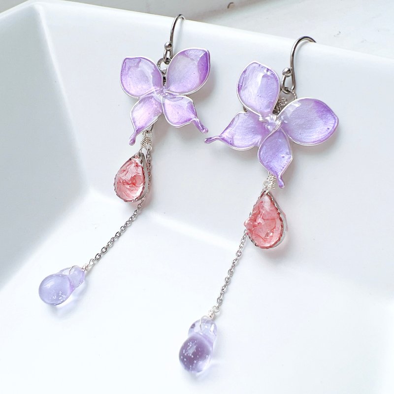 蝶舞丝带树脂滴胶耳夹 (蔷薇石英缀饰) 医疗级不锈钢 316L _ 0037 - 耳环/耳夹 - 半宝石 紫色